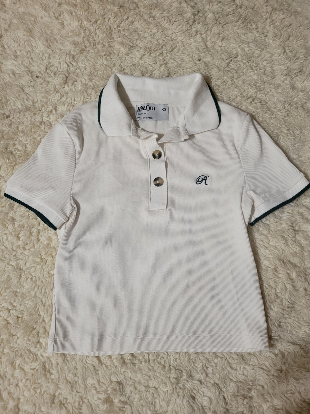 Primark X Rita Ora White Polo Top with Dark Green Trim | Crop | NWOT | XS